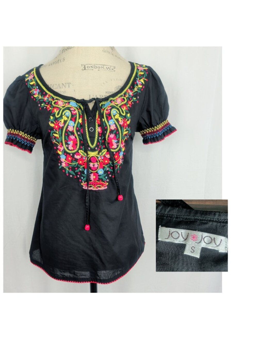 Embroidered Black Floral Peasant Top Small JoyJoy
